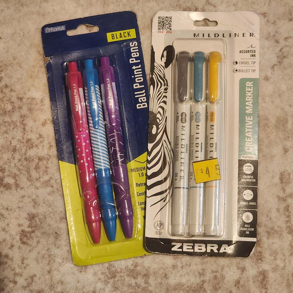 3-Pk Ball Point Pens &Zebra Mildliner Double Ended Creative Marker 3-Pk Bundle